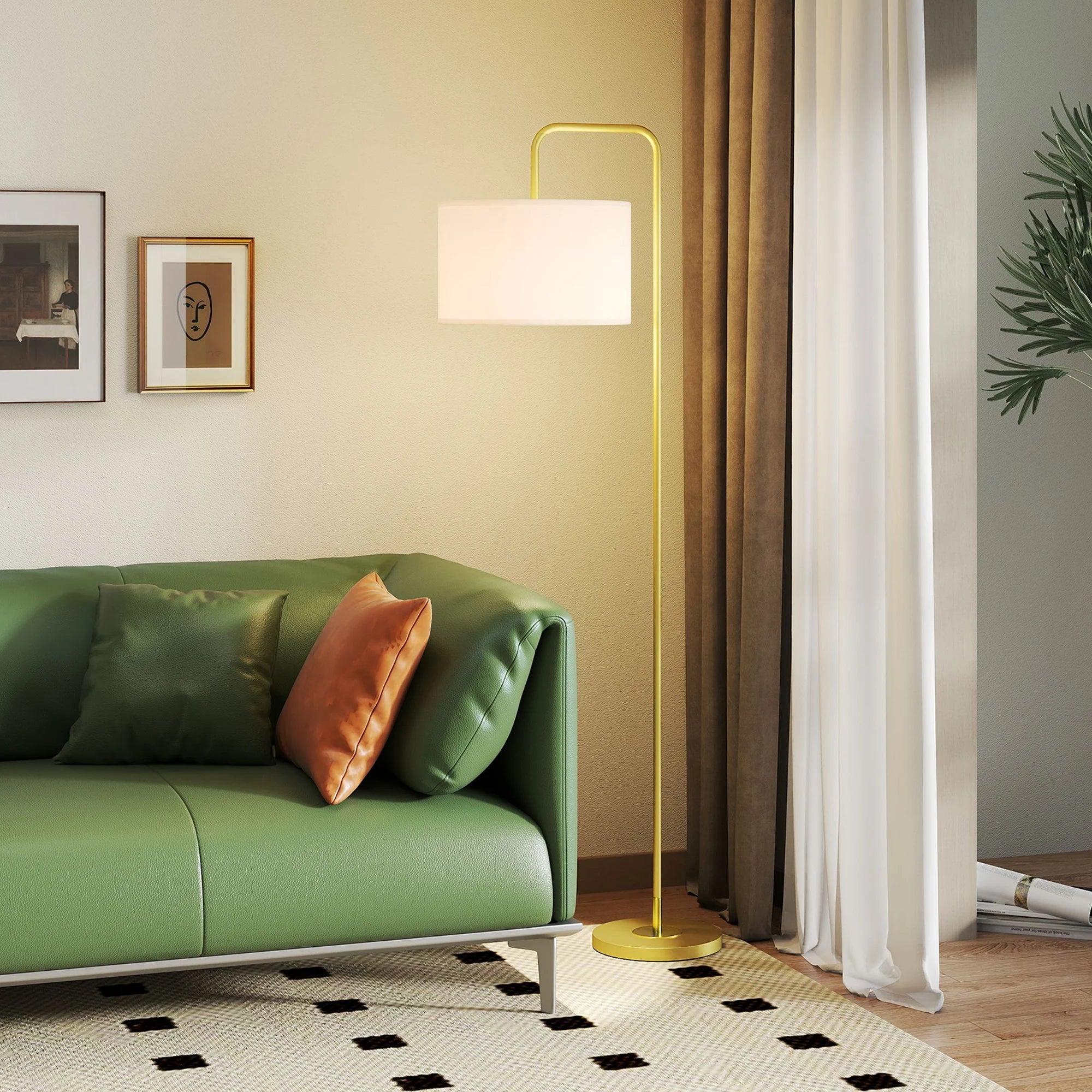 Lámpara de pie moderna Homcom con pantalla de lino sintético, lámpara de lectura para salón, 64 x 38 x 163,5 cm, blanca y dorada.