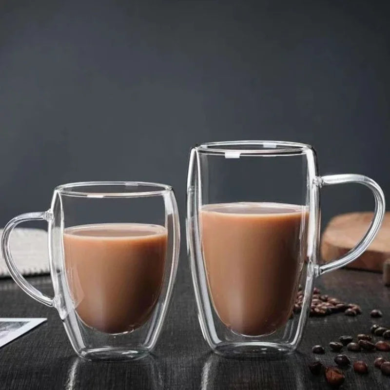 Taza de vidrio de borosilicato de doble pared transparente resistente al calor con asa, ideal para café, leche, zumo o agua. Regalo perfecto para amantes del café.