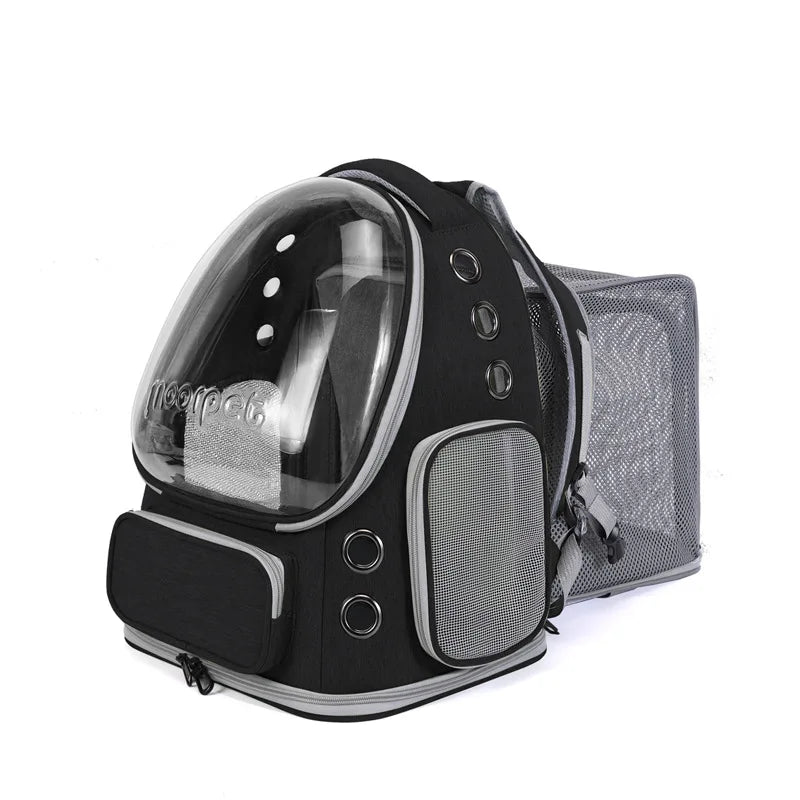 Mochila transportadora para mascotas espaciosa y expandible con correas dobles para los hombros y asa superior. Diseño apto para todas las estaciones para un viaje cómodo.