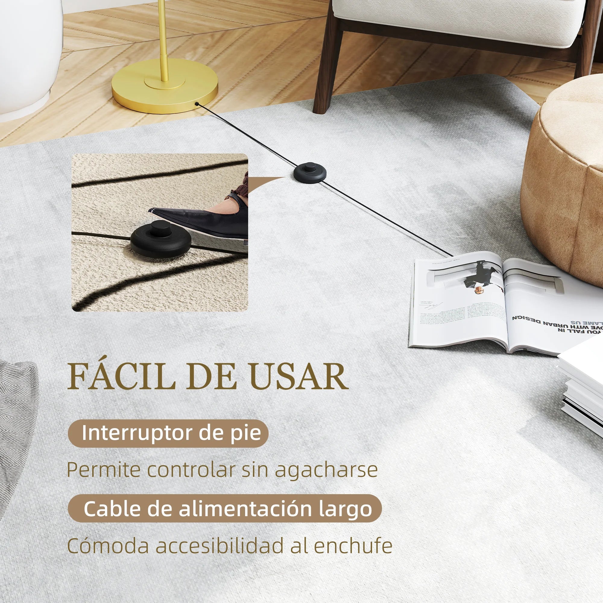 Lámpara de pie moderna Homcom con pantalla de lino sintético, lámpara de lectura para salón, 64 x 38 x 163,5 cm, blanca y dorada.