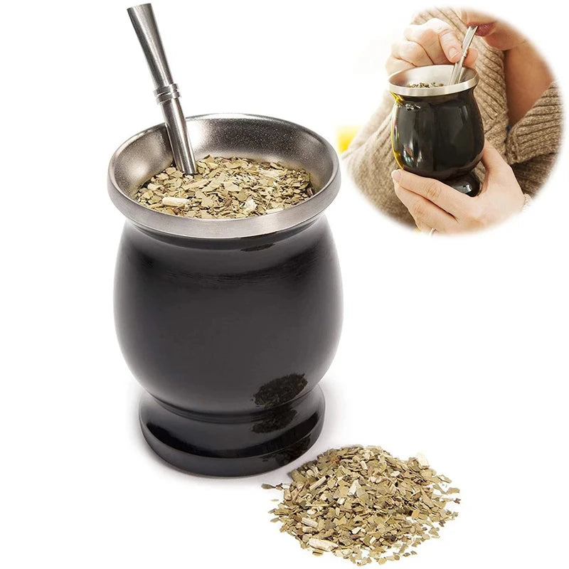 Mate de acero inoxidable de doble pared de 230 ml (8 oz) para yerba mate, incluye una bombilla (pajita) y un cepillo de limpieza.