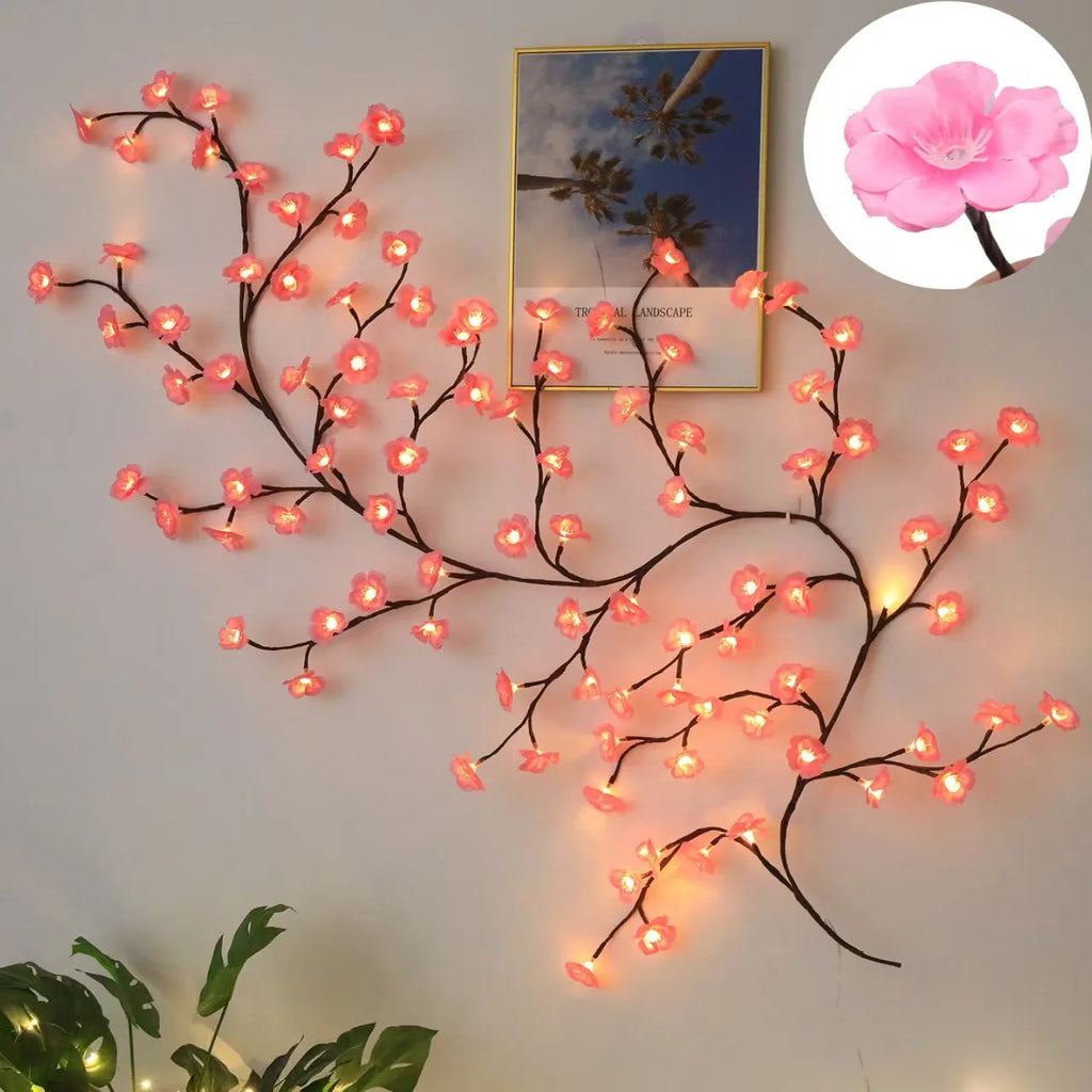 Guirnalda de ramas de cerezo con luces LED, 72/96 luces LED, ramitas de sauce y flores de durazno, ideal para fiestas en interiores, paredes, puertas y ventanas.