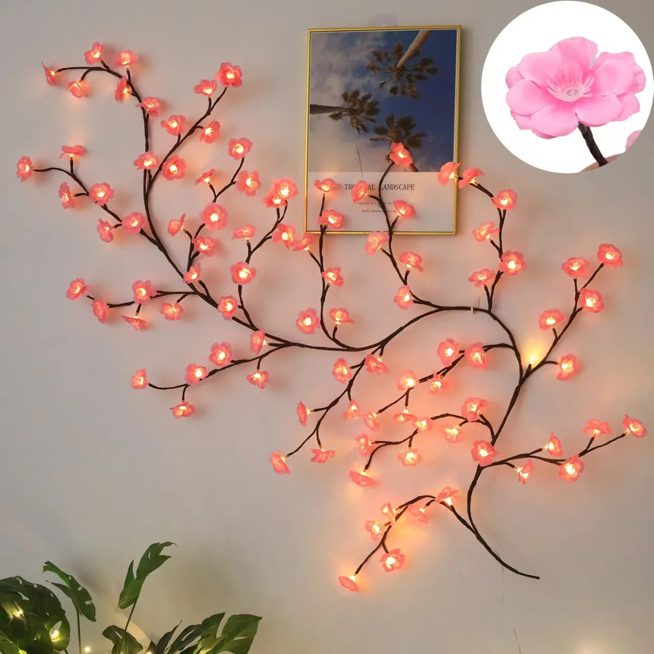 Guirnalda de ramas de cerezo con luces LED, 72/96 luces LED, ramitas de sauce y flores de durazno, ideal para fiestas en interiores, paredes, puertas y ventanas.