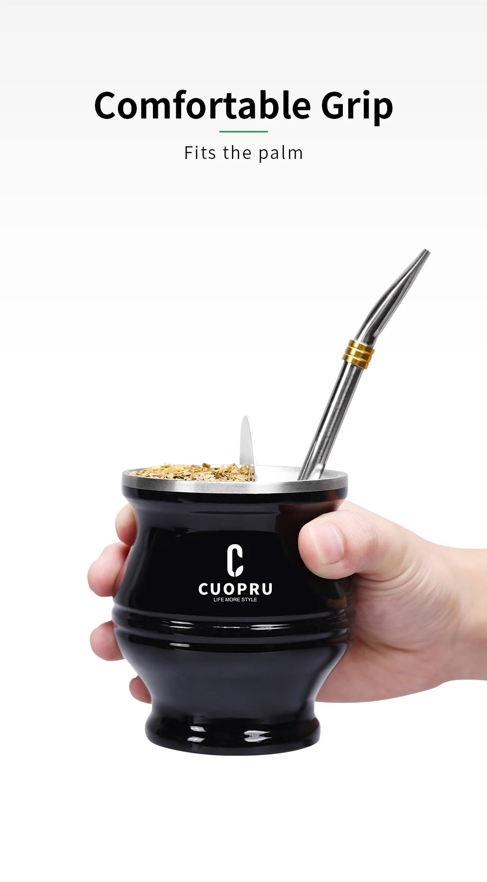 Kit completo de  mate negro: taza moderna de acero inoxidable para mate, termo, recipiente para yerba, juego de moldes para té, bombilla y pajita.