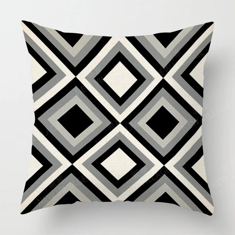 Funda de almohada de lino con estampado geométrico en blanco y negro para sofá o sofá. Decoración para el hogar. Se puede personalizar para ti. Tamaños disponibles: 40x40, 45x45, 50x50 y 60x60.