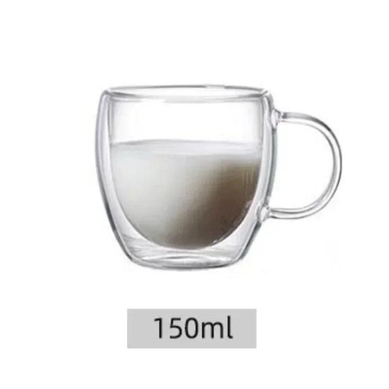 Taza de vidrio de borosilicato de doble pared transparente resistente al calor con asa, ideal para café, leche, zumo o agua. Regalo perfecto para amantes del café.