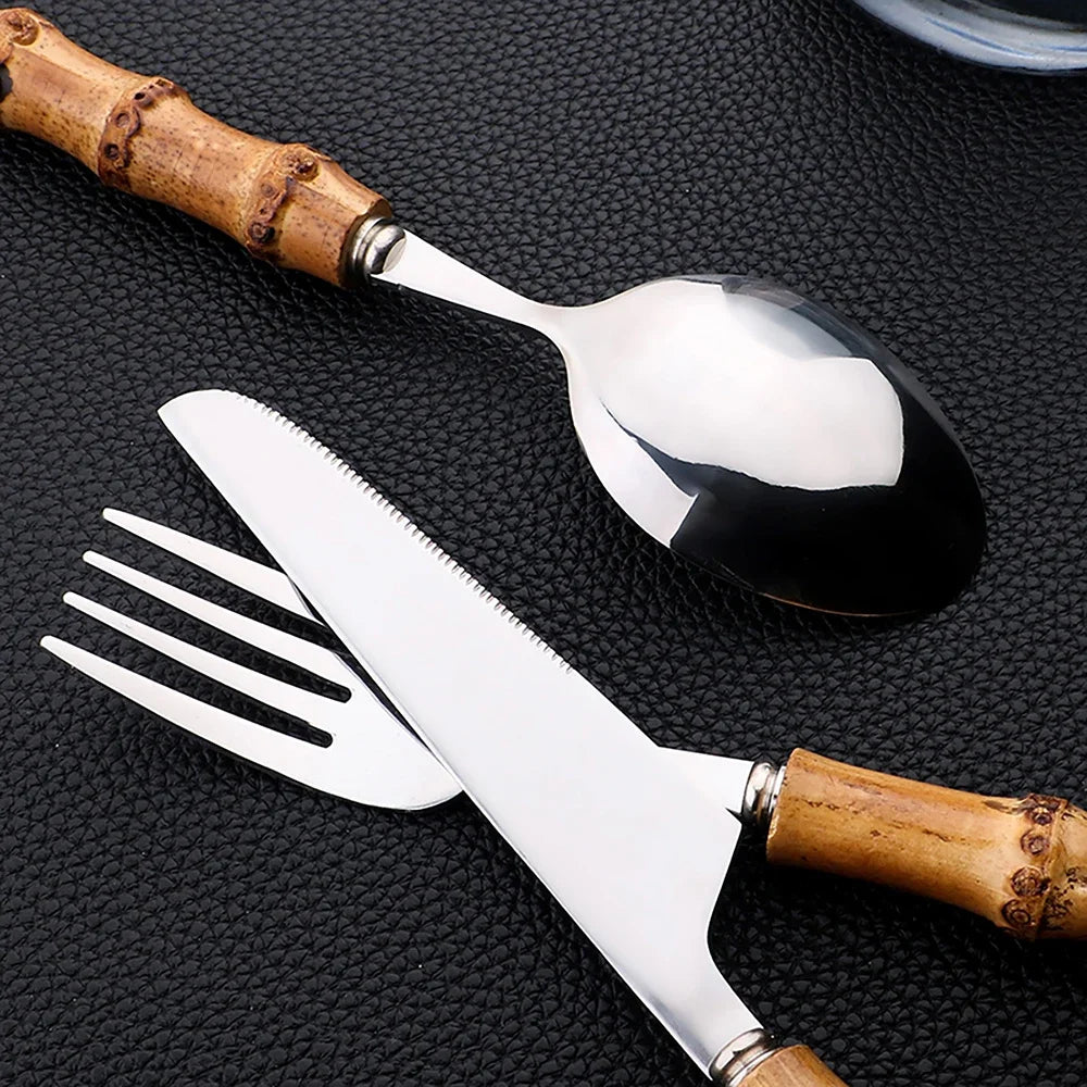 Juego de vajilla de bambú de 24 piezas, juego de cubiertos de bambú de acero inoxidable, juego de cubiertos con mango de madera natural, juego de cubiertos para carne, cuchillo para carne.