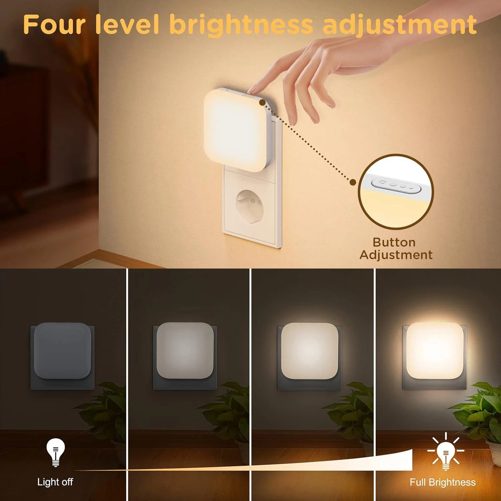 1 o 2 luces nocturnas LED enchufables a la pared, con sensor de luz crepuscular, 0,5 W, luz nocturna cuadrada enchufable, 2700 K, luz cálida.