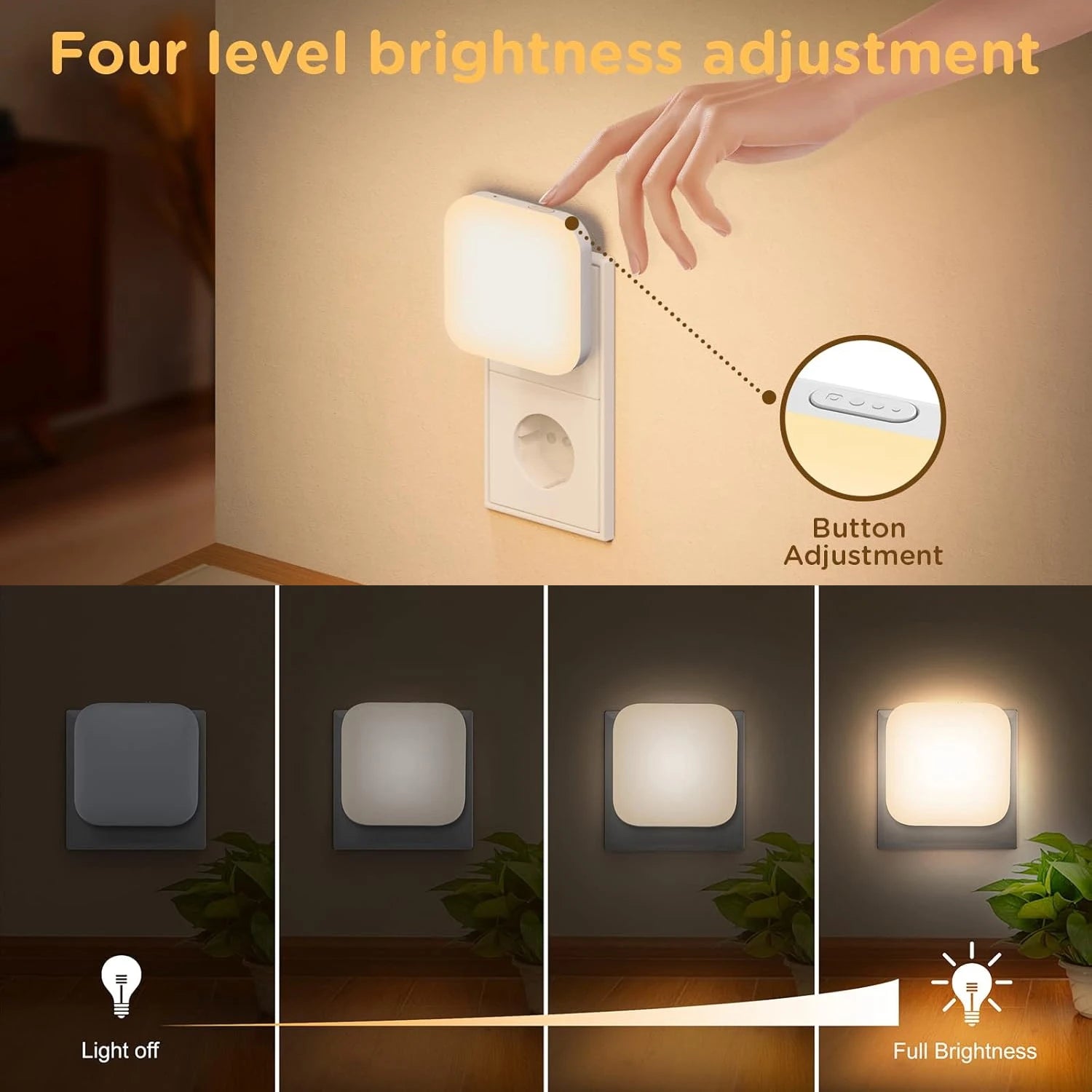 1 o 2 luces nocturnas LED enchufables a la pared, con sensor de luz crepuscular, 0,5 W, luz nocturna cuadrada enchufable, 2700 K, luz cálida.