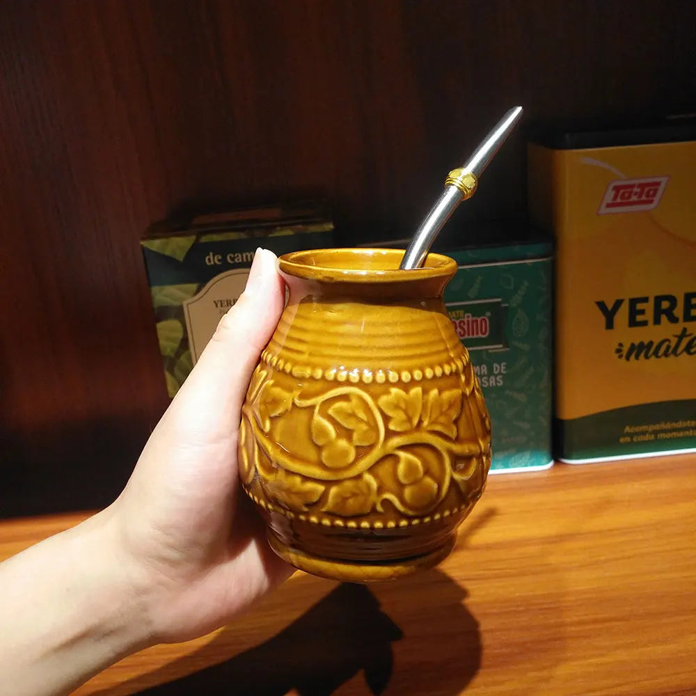 1 juego/lote de tazas de cerámica para yerba mate de 250 ml con relieve de calabaza. Incluye bombilla, filtro, pajita y cepillo de limpieza. ¡Gran oferta!