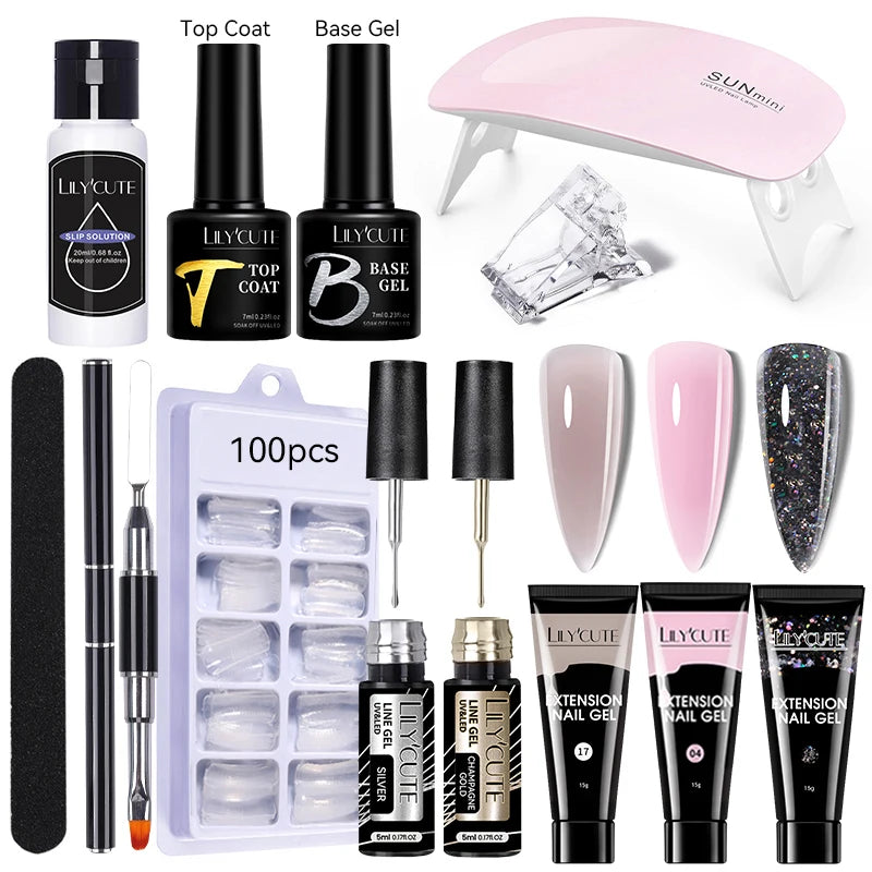 Kit de gel para extensión de uñas LILYCUTE de 15 ml, gel UV, acrílico, blanco, transparente, rosa, esmalte de uñas, lámpara LED, set de manicura para decoración de uñas.