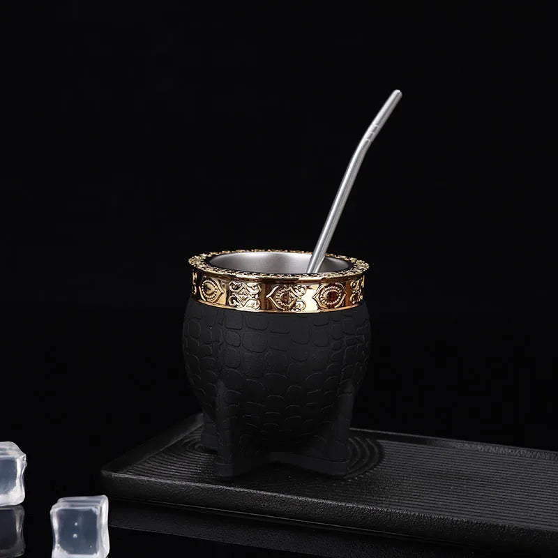 Mate de acero inoxidable de doble capa con pajita, textura de caparazón de tortuga