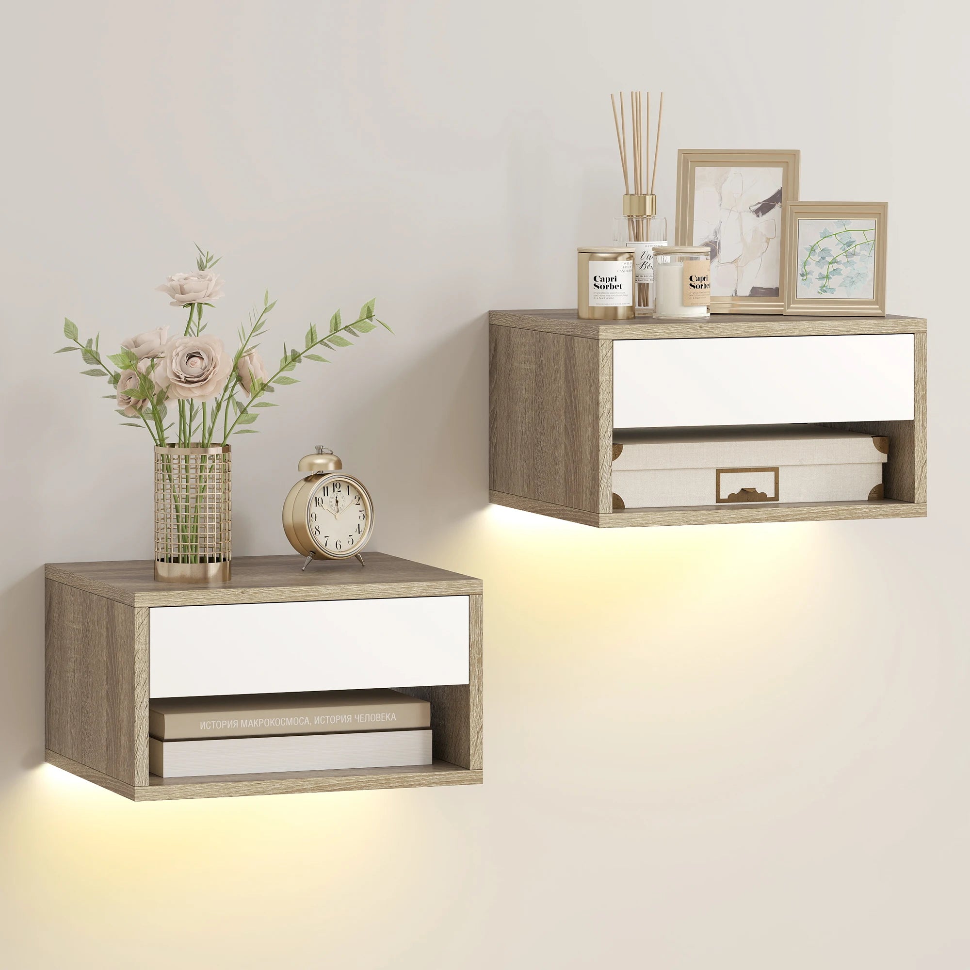 Juego de 2 mesitas de noche flotantes Homcom con luces LED RGB y control por aplicación, mesitas de noche para dormitorio con cajón y estante abierto, ideales para sala de estar, 37 x 32 x 21 cm.