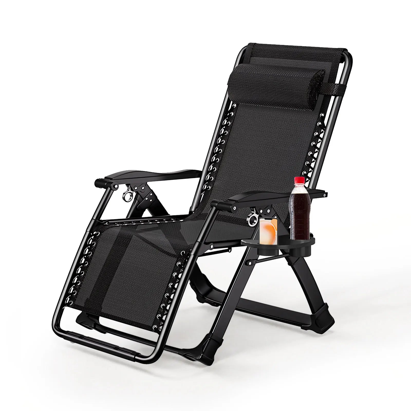 Tumbona plegable para jardín con portavasos y reposacabezas. Silla reclinable plegable para patio con soporte de 150 kg.