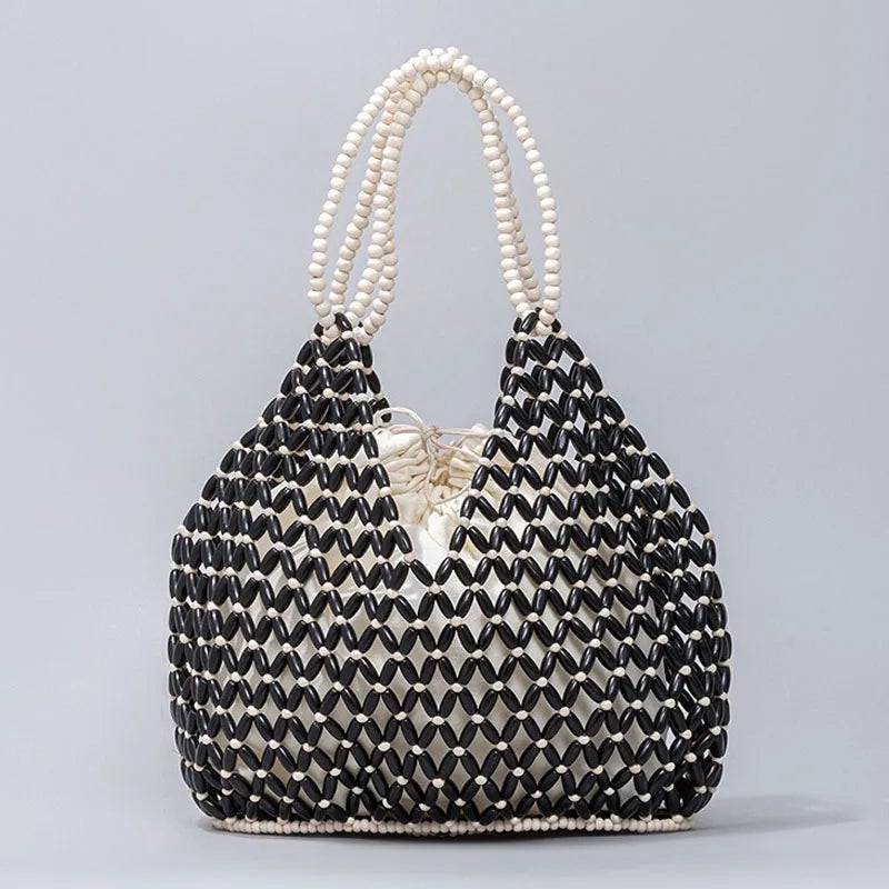 Bolso de mano tejido a mano con cuentas para mujer, exquisito bolso de hombro de madera calada con cuentas, bolso de playa femenino
