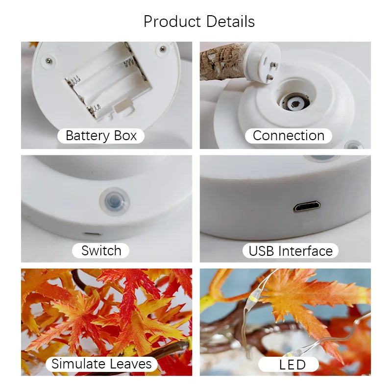Lámpara de mesa con forma de árbol bonsái artificial, lámpara de hadas con forma de hojas de arce, luz nocturna LED que funciona con pilas/USB, ideal para decoración de camping.