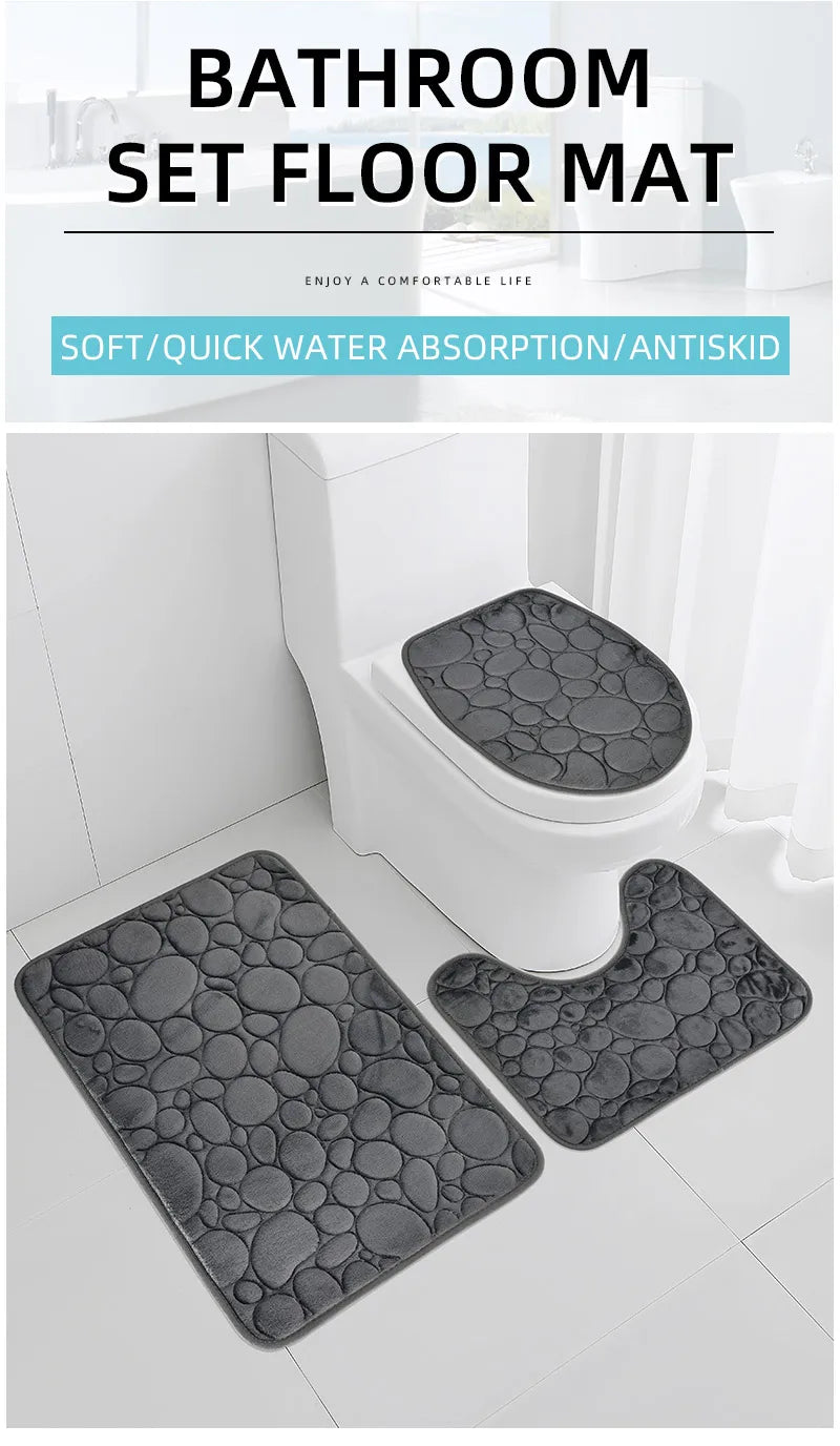 Juego de tres piezas: 1 juego de alfombras de baño sencillas, absorbentes de agua y antideslizantes con estampado de piedra, de color liso, cómodas y suaves.