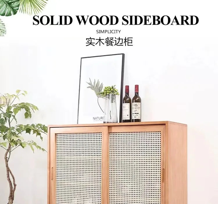 Nordic solid wood rattan dining side cabinet, entrance cabinet, American locker, simple tea cabinet, multi-functiona