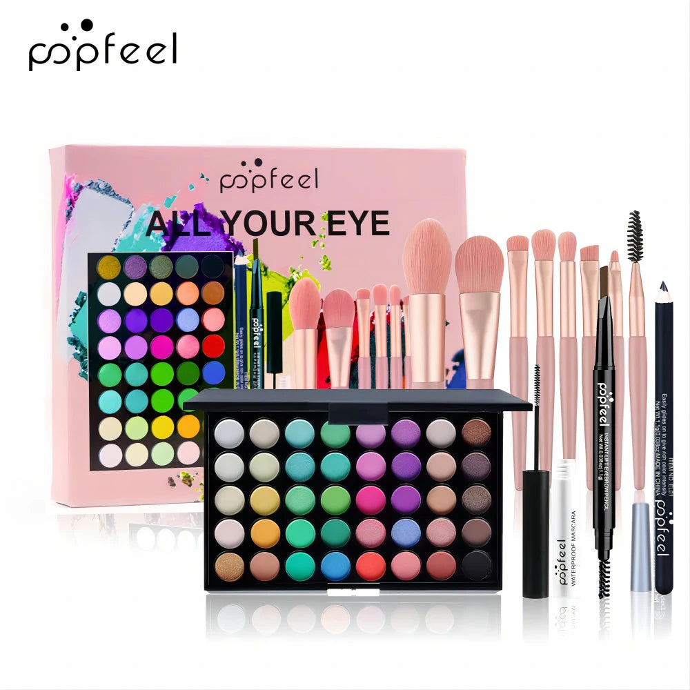 Set de maquillaje para ojos POPFEEL con paleta de sombras de ojos de 40 colores, lápiz de cejas, delineador de ojos, máscara de pestañas y un juego de brochas de maquillaje. Cosméticos para ojos.