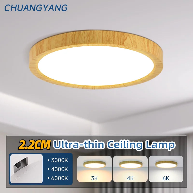 Lámpara de techo LED ultrafina de 2,2 cm, resistente al agua, 3 colores, con acabado de madera, para baño, dormitorio, sala de estar y hogar.