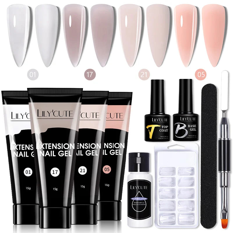 Kit de gel para extensión de uñas LILYCUTE de 15 ml, gel UV, acrílico, blanco, transparente, rosa, esmalte de uñas, lámpara LED, set de manicura para decoración de uñas.