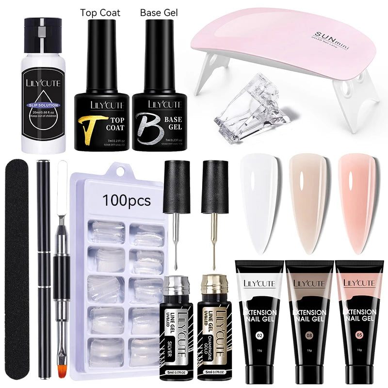 Kit de gel para extensión de uñas LILYCUTE de 15 ml, gel UV, acrílico, blanco, transparente, rosa, esmalte de uñas, lámpara LED, set de manicura para decoración de uñas.