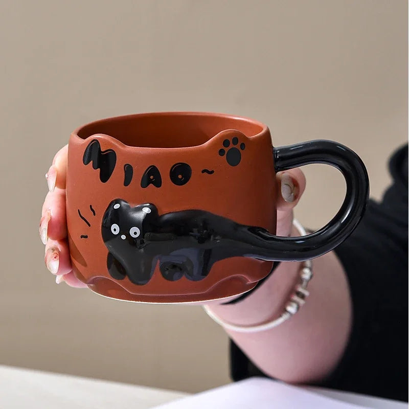 Taza apilable con diseño de gato, taza de café o té con un lindo diseño de dibujos animados, apilable, creativa, adorable, de cerámica, regalo divertido para uso doméstico diario.
