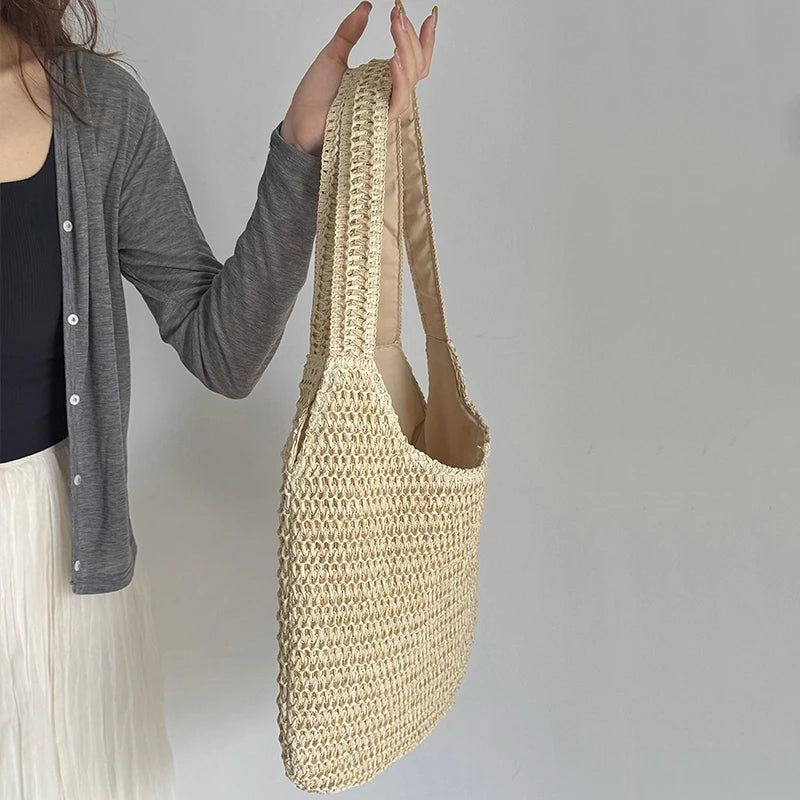 Bolsos de hombro de ratán para mujer, bolsos de mano tejidos para mujer, bolsos de paja de gran capacidad para la playa de verano, bolsos de mano informales.