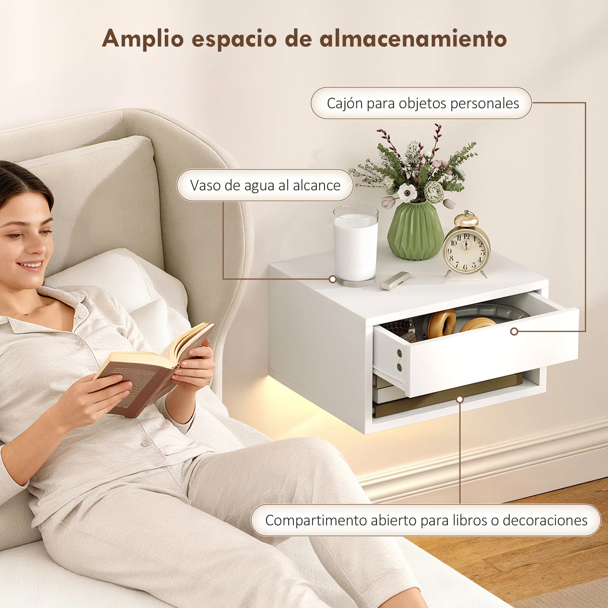 Juego de 2 mesitas de noche flotantes Homcom con luces LED RGB y control por aplicación, mesitas de noche para dormitorio con cajón y estante abierto, ideales para sala de estar, 37 x 32 x 21 cm.