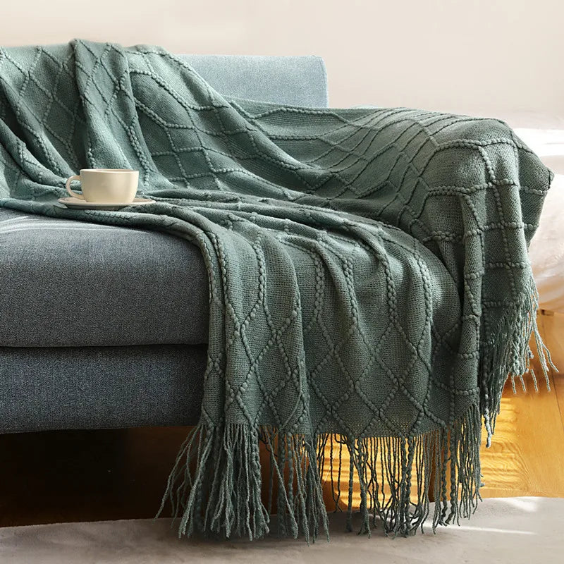 Manta tejida color caqui con borlas, gruesa, de estilo vintage, lujosa, estilo granja, cubrecama extragrande, manta para sofá