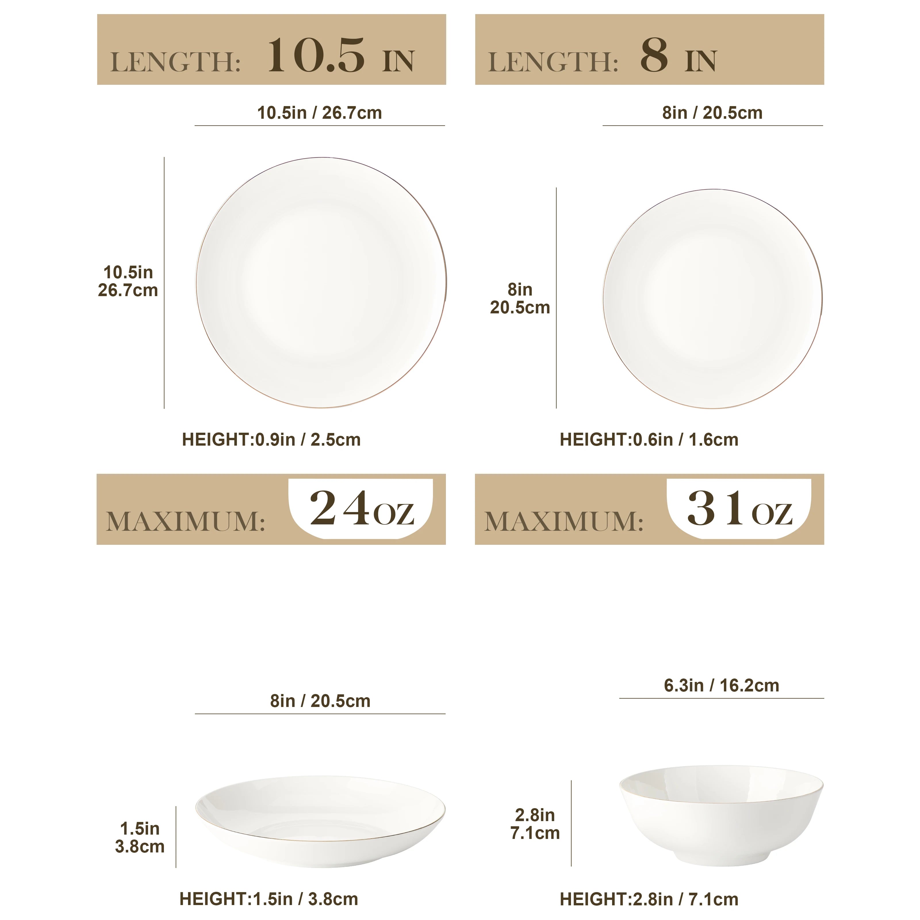 Juego de vajilla MALACASA de porcelana blanca con borde dorado, estilo nórdico europeo, de 16/32 piezas, con cuenco, plato llano, plato de postre y plato hondo para 4 personas.