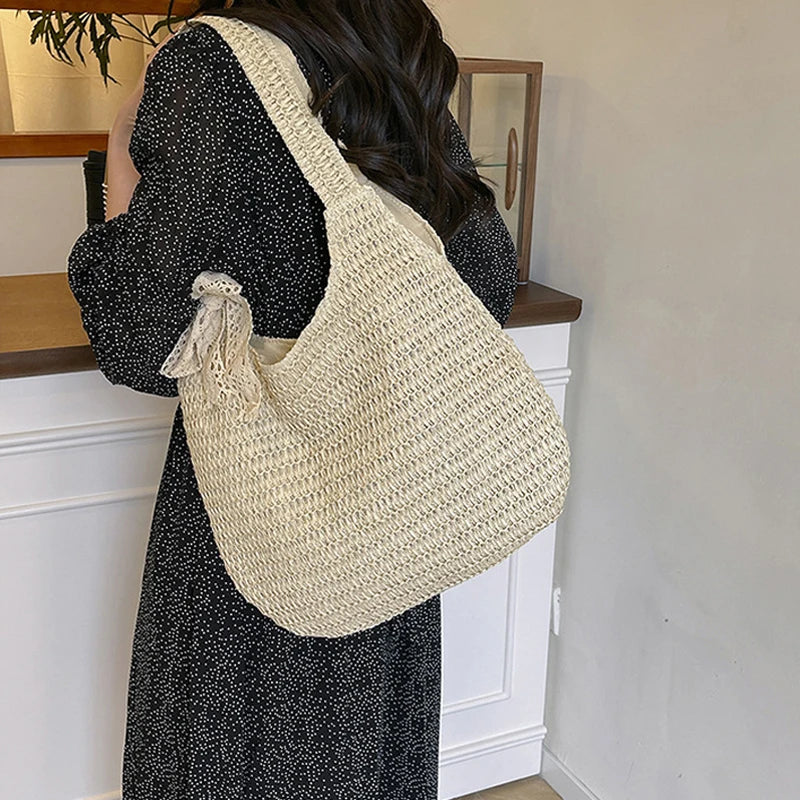 Bolsos de hombro de ratán para mujer, bolsos de mano tejidos para mujer, bolsos de paja de gran capacidad para la playa de verano, bolsos de mano informales.