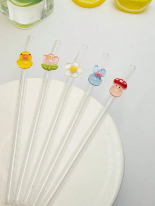 1/5 Pajitas de cristal con diseños de animales: seta, conejo y pato. Ideales para té de burbujas, café y cócteles. Un regalo perfecto para fiestas y ocasiones especiales.