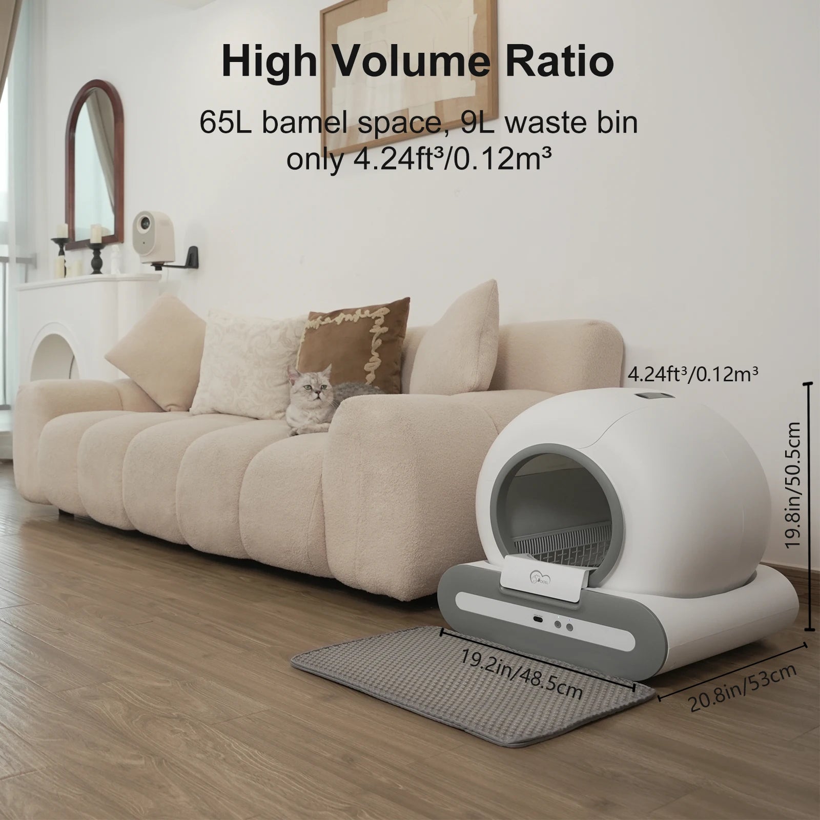 Arenero autolimpiable DOEL de 65 litros con control por aplicación, compatible ÚNICAMENTE con WiFi de 2,4 GHz, incluye alfombrilla para arena y bolsas de basura, apto para arena tipo tofu y mixta.