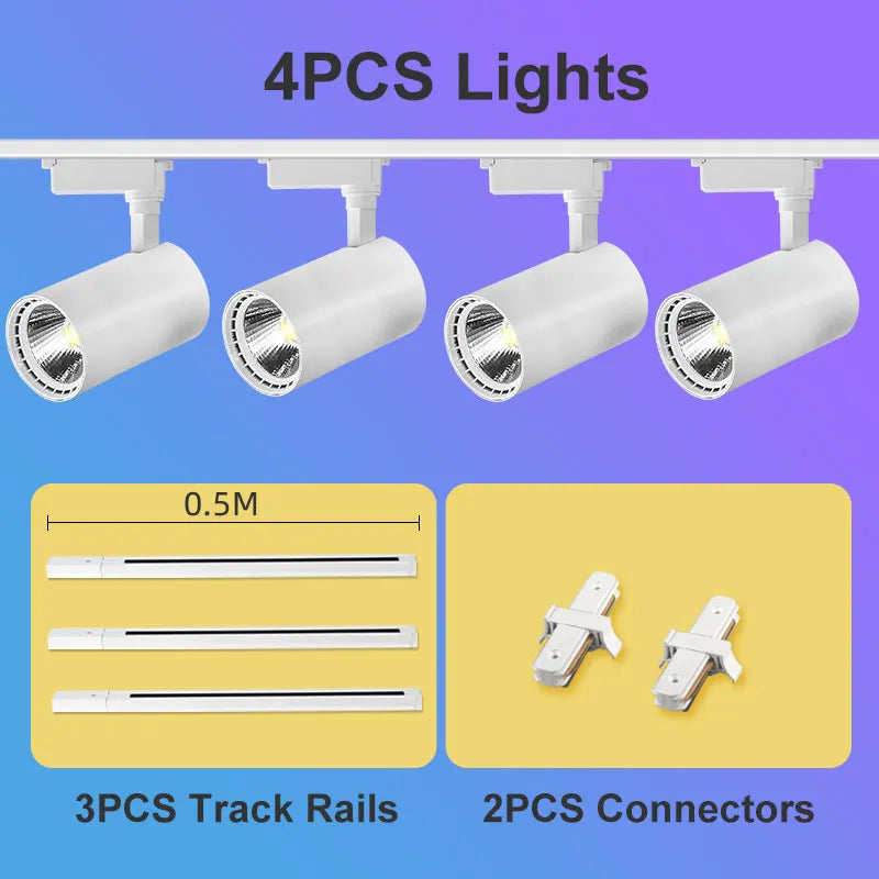 Juego completo de focos LED de riel de 50W, 40W y 20W con tecnología COB para iluminación de riel de techo en interiores, ideales para la decoración de salas de estar y cocinas.