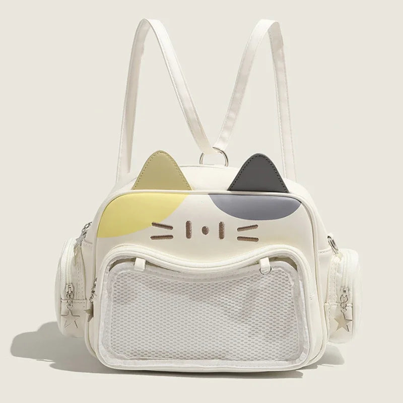 Mochilas de moda para mujer Y2K estilo coreano/japonés Kawaii con gato, bolso Ita de PU, lindas chicas, bolsillo transparente, estéticas, bolsos de hombro y bandolera