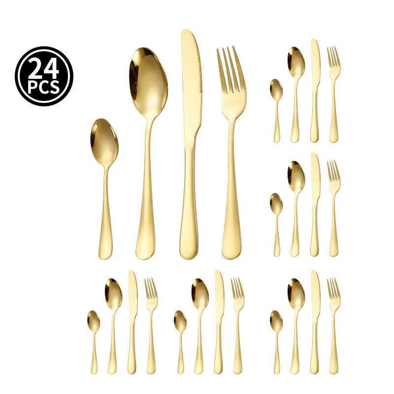 Juego de vajilla dorada de 24 piezas, lujo ligero, acero inoxidable, cubiertos, tenedor, cuchillo, cuchara, vajilla minimalista con caja de regalo.