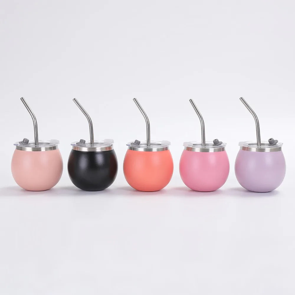 Mate argentino de doble pared de 148 ml (5 oz) de acero inoxidable con aislamiento térmico, pajita y tapa. Ideal para exteriores.