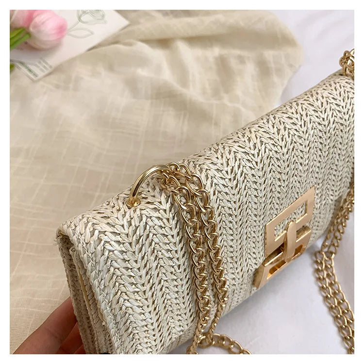 Bolso de mano de mujer tejido con hierba, cartera para móvil, bolso de estilo bohemio veraniego para la playa, cartera tejida, imprescindible para chicas de vacaciones.