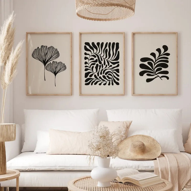 Póster artístico minimalista estilo boho Matisse con hojas botánicas, lienzo decorativo para pared, ideal para la sala de estar o el hogar.