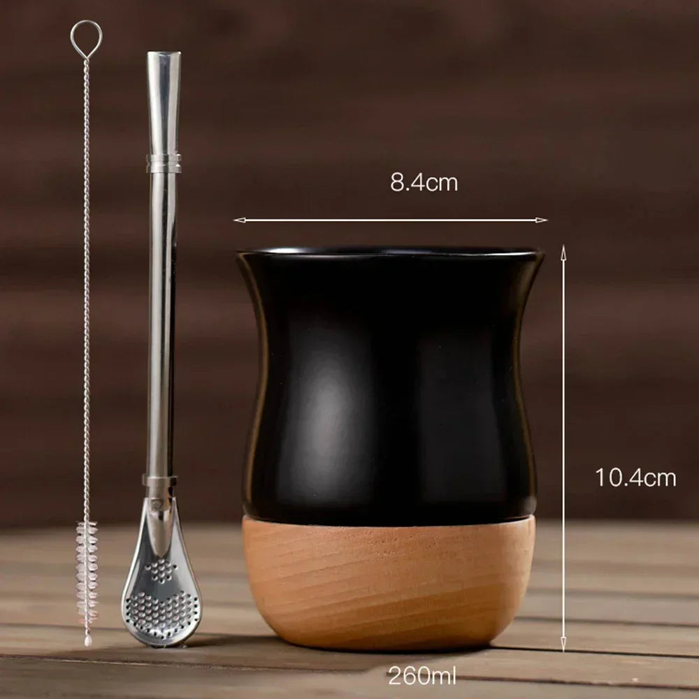 Mate   de acero inoxidable y cerámica con pajita 260 ml, cuchara y base de madera para leche, agua y té.