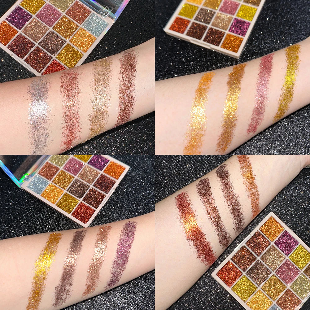 Paleta de sombras de ojos con brillo de 16 colores, efecto iridiscente multicolor dorado, acabado brillante con lentejuelas, maquillaje para cuerpo y rostro, ideal para fiestas y eventos.