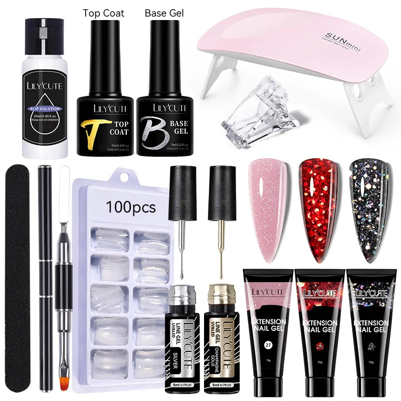 Kit de gel para extensión de uñas LILYCUTE de 15 ml, solución acrílica, esmalte en gel con lámpara para uñas para una rápida extensión, gel UV para uñas.