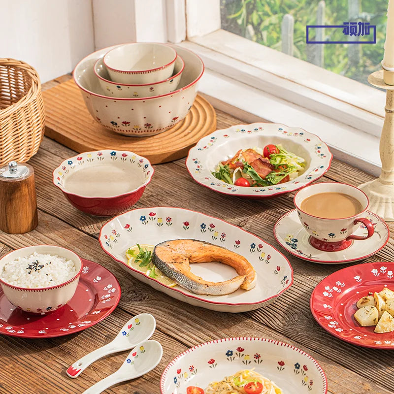 Vajilla de cerámica vintage de alta calidad: cuenco para sopa, plato para ensalada y plato para pasta. Apta para microondas. Juego de platos y cuencos de cerámica de colores.