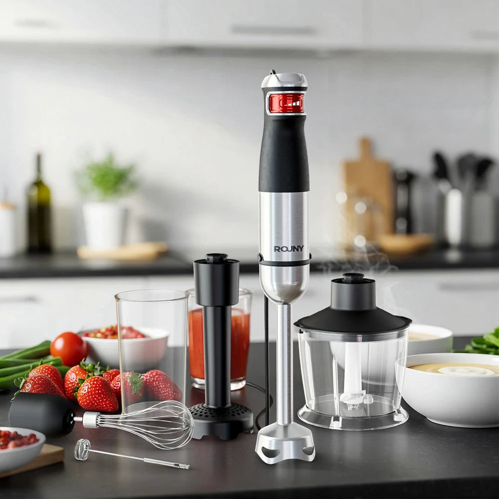 Batidora de mano eléctrica 6 en 1, batidora de inmersión multiusos, cuchillas de acero inoxidable, para el hogar y la cocina, potencia máxima de 1500 W.
