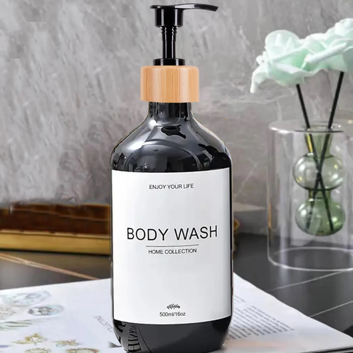 Juego de dispensadores de champú para baño de 500 ml, botellas de acondicionador y gel de ducha recargables, dispensador con decoración rústica, botellas de almacenamiento.
