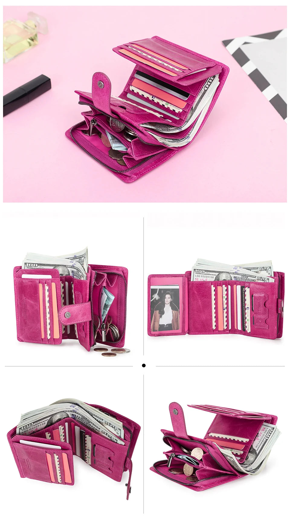 Carteras de cuero genuino Contact'S para mujer y hombre, cartera corta pequeña con bloqueo RFID, tarjetero, monedero rojo para mujer
