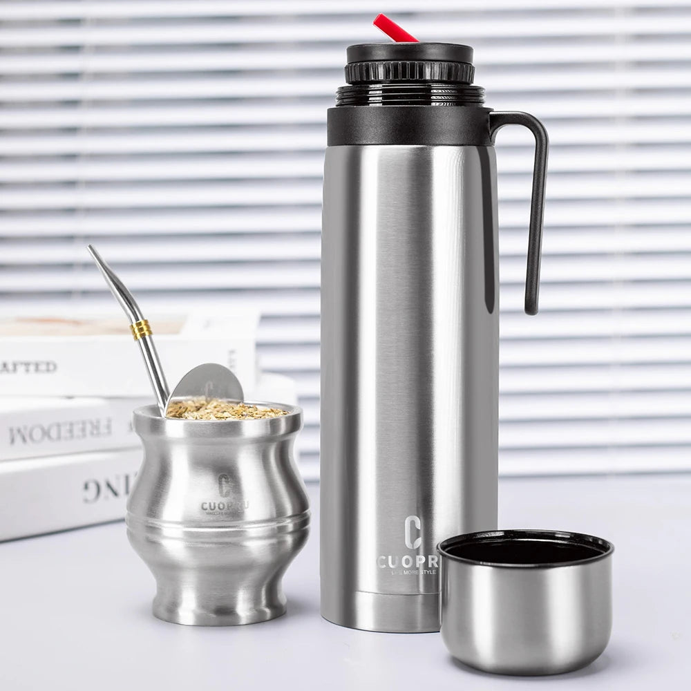 Kit de Yerba Mate - Incluye mate moderno, bombilla, cepillo de limpieza y termo - Acero inoxidable 304 de primera calidad (plateado)