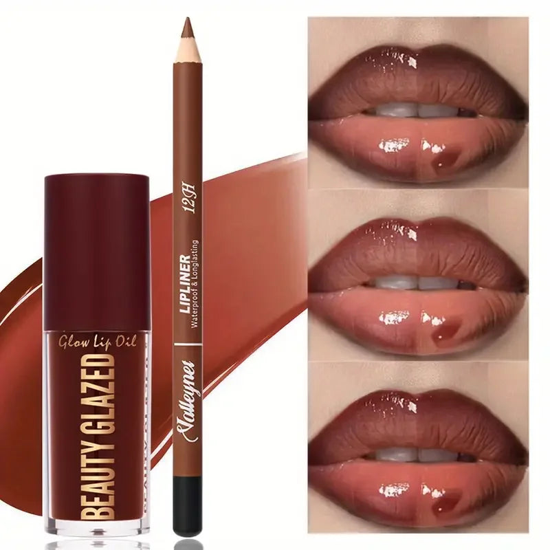 Set de maquillaje de 2 piezas: delineador de labios mate + aceite labial hidratante con color, de larga duración y fácil aplicación, resistente al agua, combinación de maquillaje ini