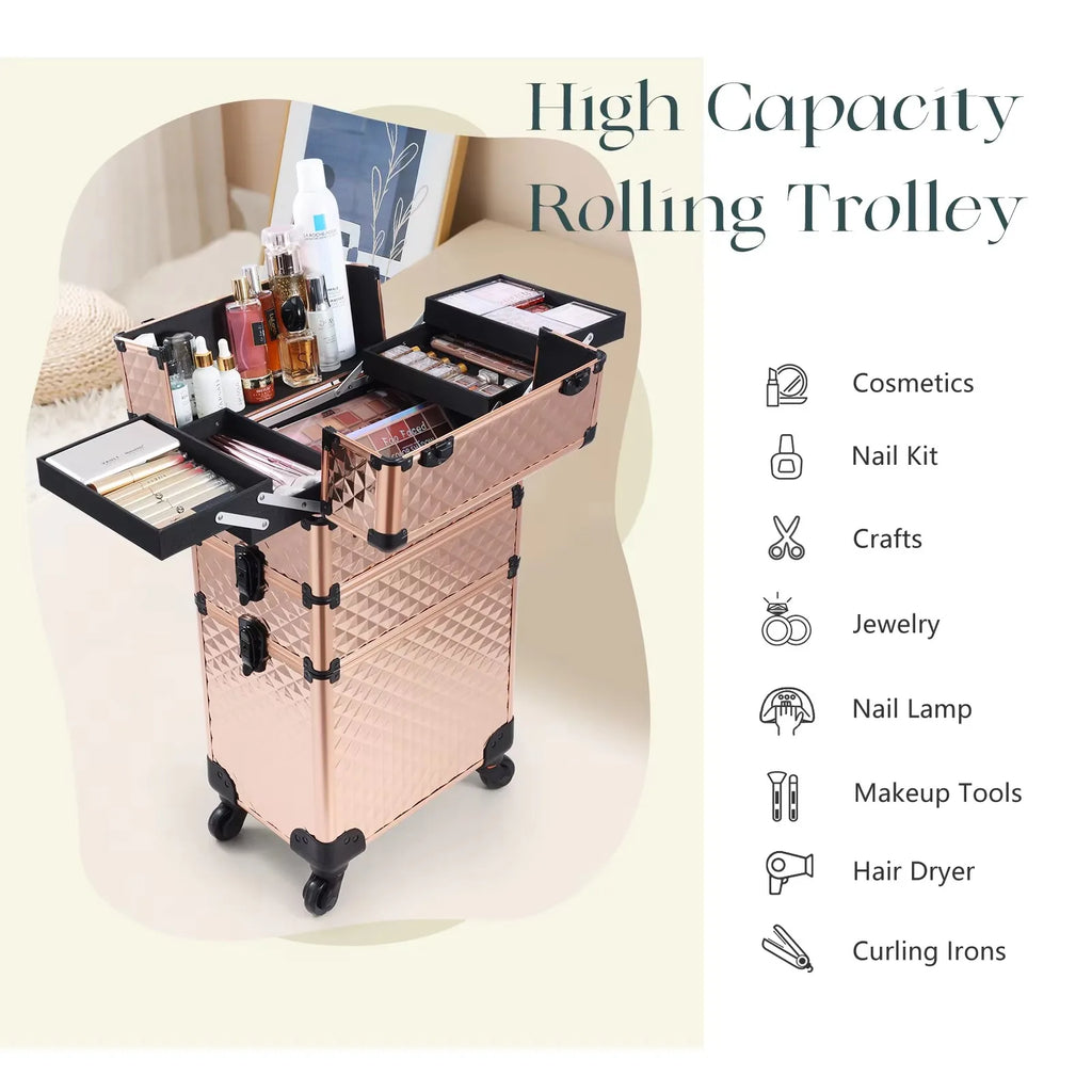 Maletín de maquillaje rodante 3 en 1, maletín de maquillaje desmontable, maletín de cosmetología con ruedas, carrito de maquillaje con cerradura de gran capacidad para salón de belleza.